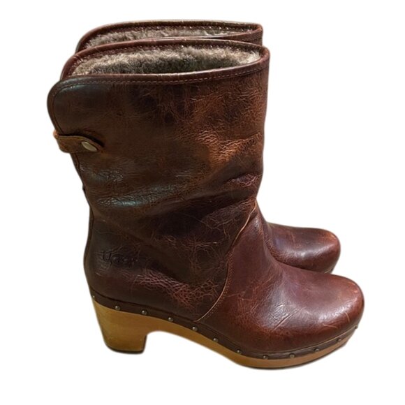 UGG Lynnea II Brown Leather Clog Boot Womens Size 9 1001793 Sheepskin Lined - Picture 6 of 14